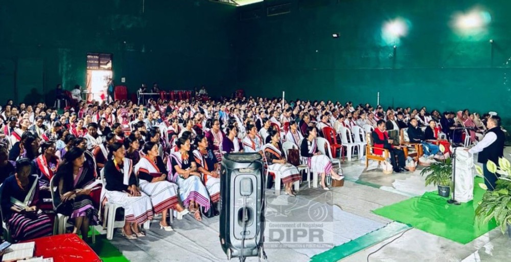 ADC Peren, D Robin speaking during the launching program of annual general meeting of Kemmi Block Level Federation (BLF) R D Block Peren at Town Stadium, Peren on May 30. (DIPR Photo)